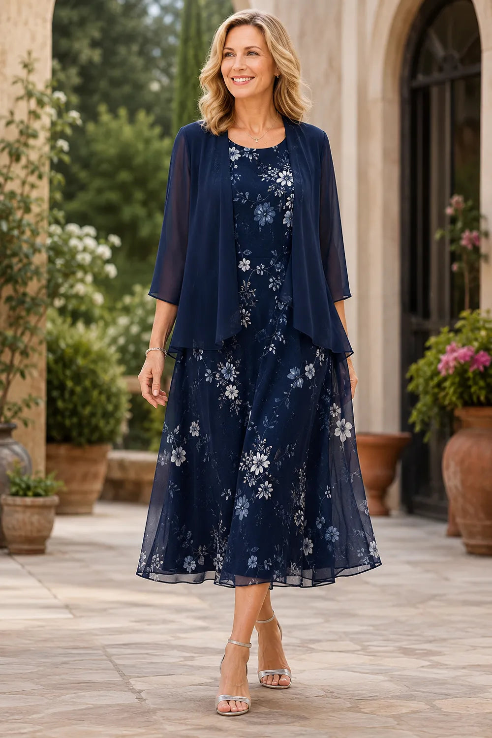 Isabella Floral Chiffon Cape Sleeve Dress