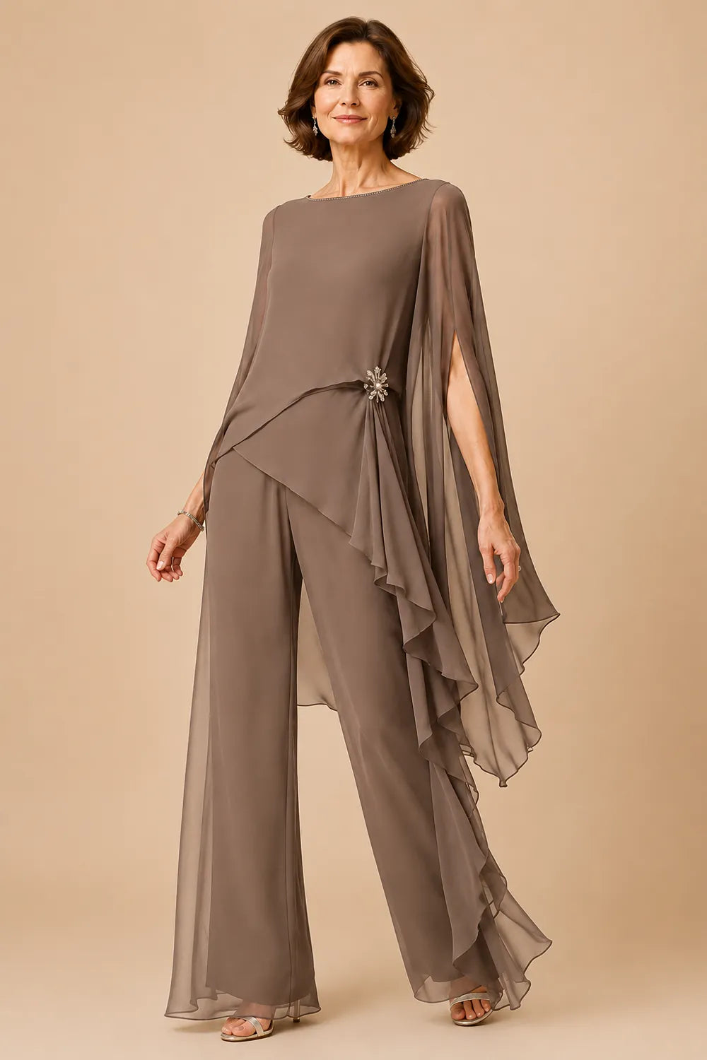 Asymmetric Chiffon Mother of the Bride Pant Suit