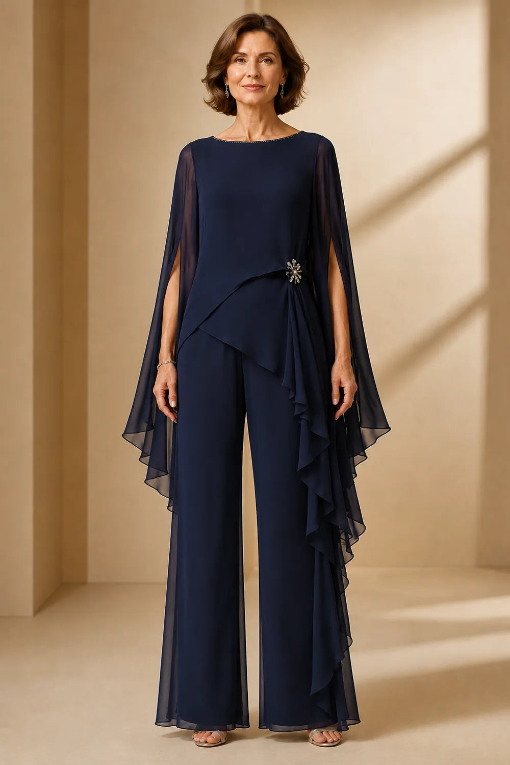 Asymmetric Chiffon Mother of the Bride Pant Suit