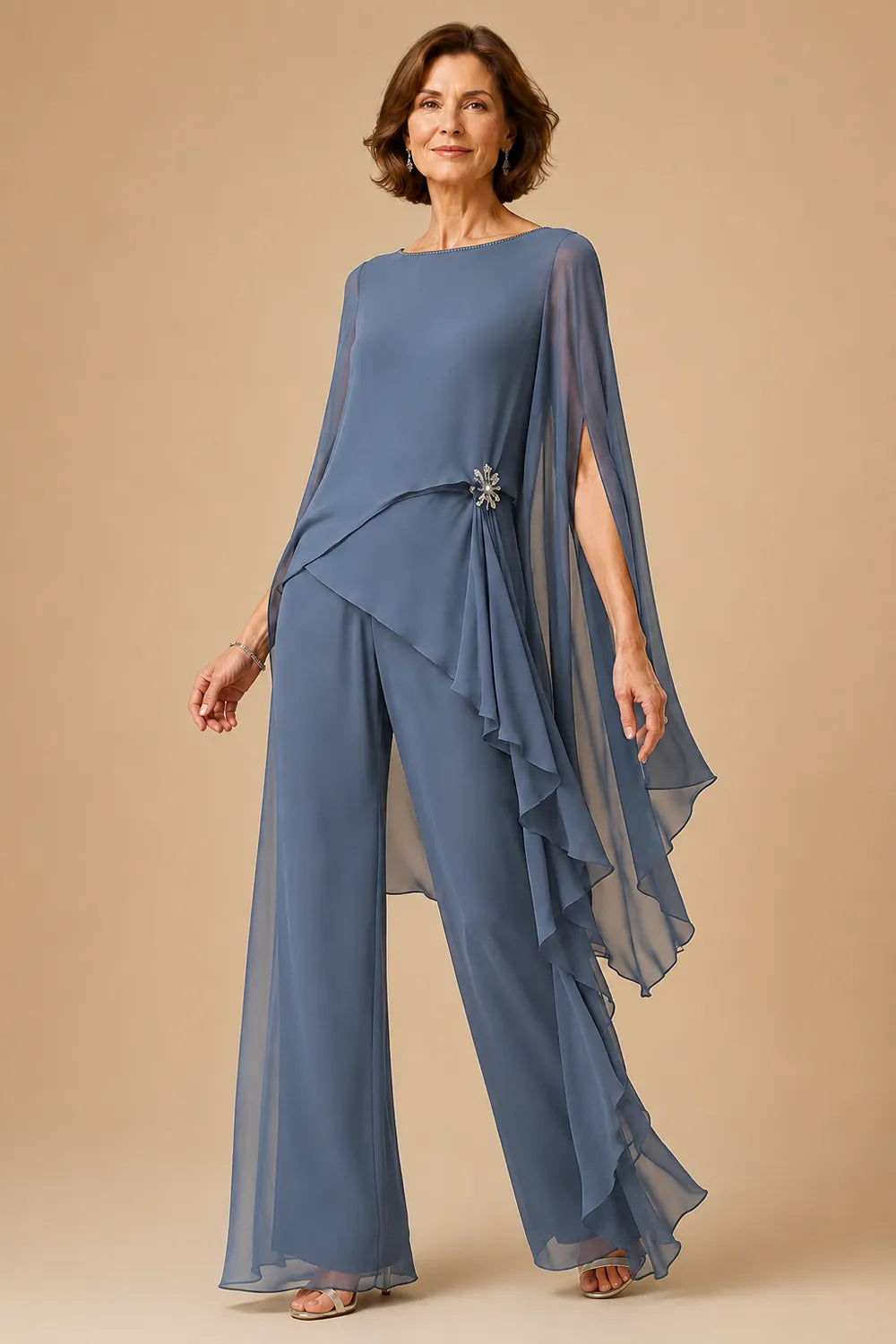 Asymmetric Chiffon Mother of the Bride Pant Suit