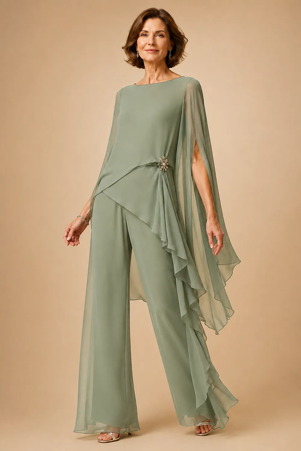 Asymmetric Chiffon Mother of the Bride Pant Suit