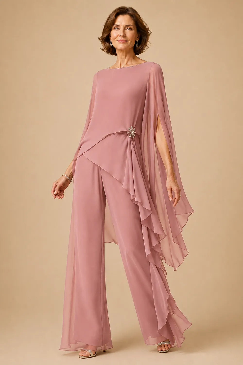 Asymmetric Chiffon Mother of the Bride Pant Suit