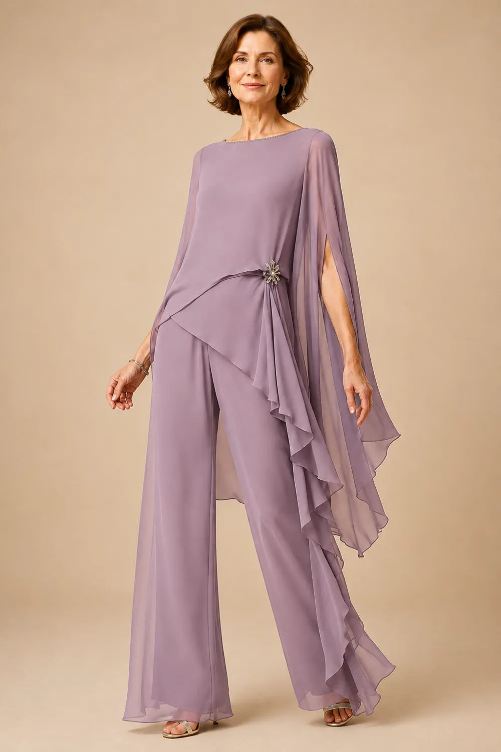Asymmetric Chiffon Mother of the Bride Pant Suit