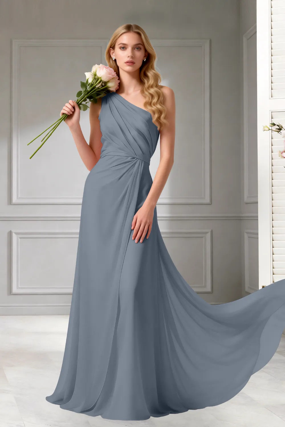 Moon Whisper Draped Chiffon Evening Dress
