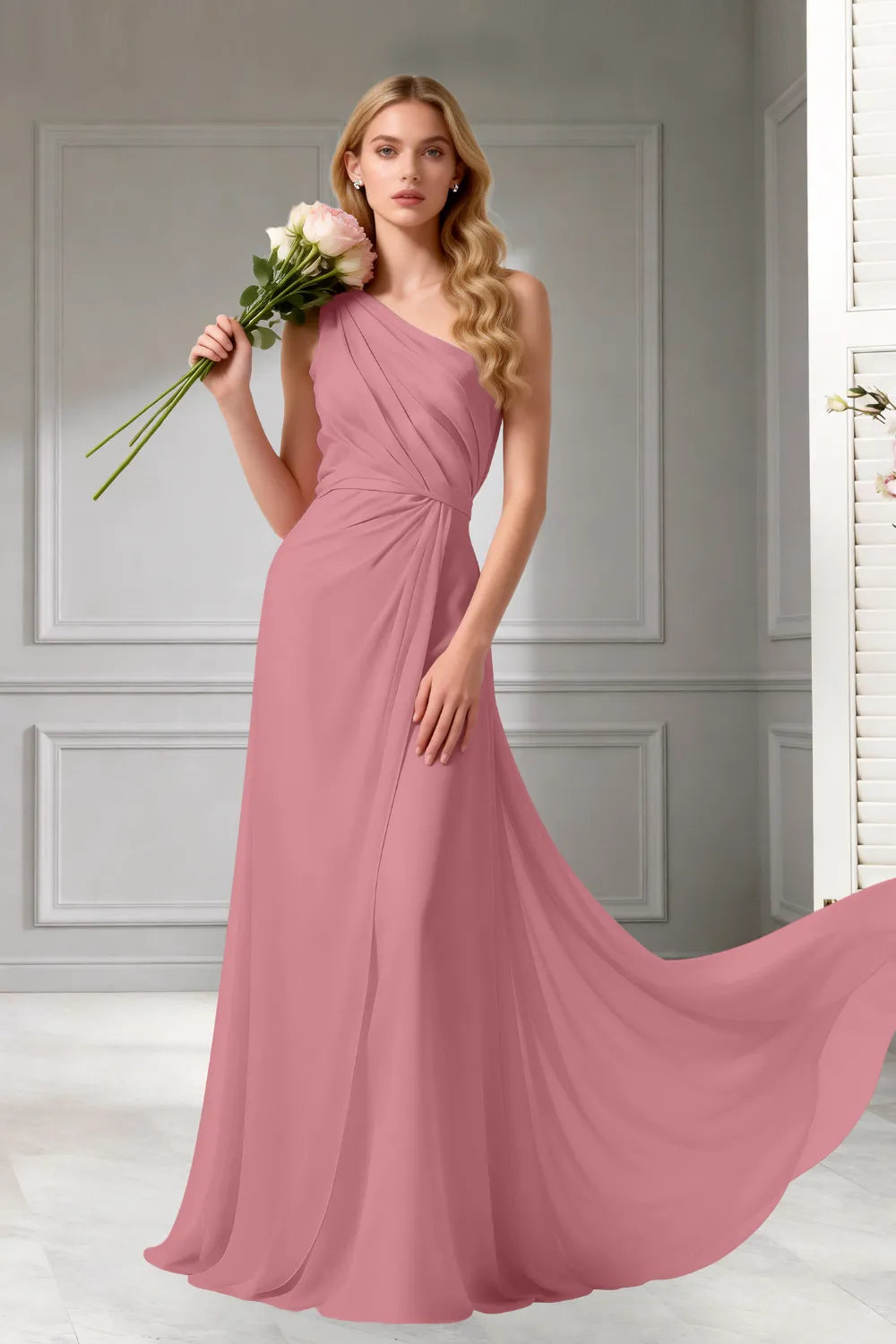 Moon Whisper Draped Chiffon Evening Dress