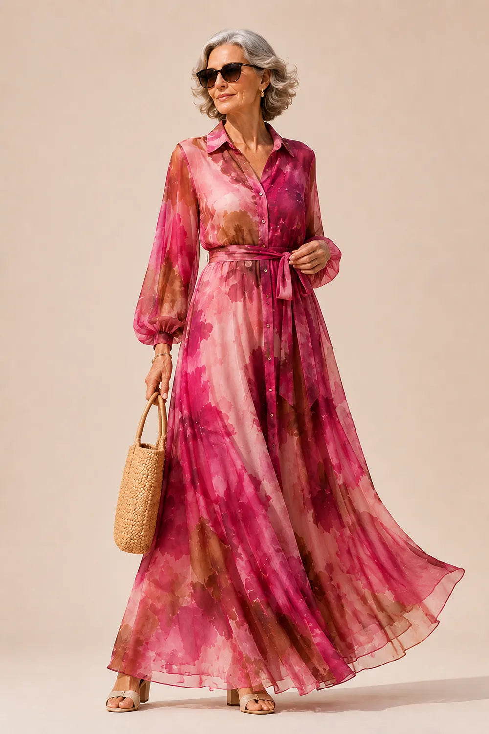 Belted Floral Maxi Shirt Dress