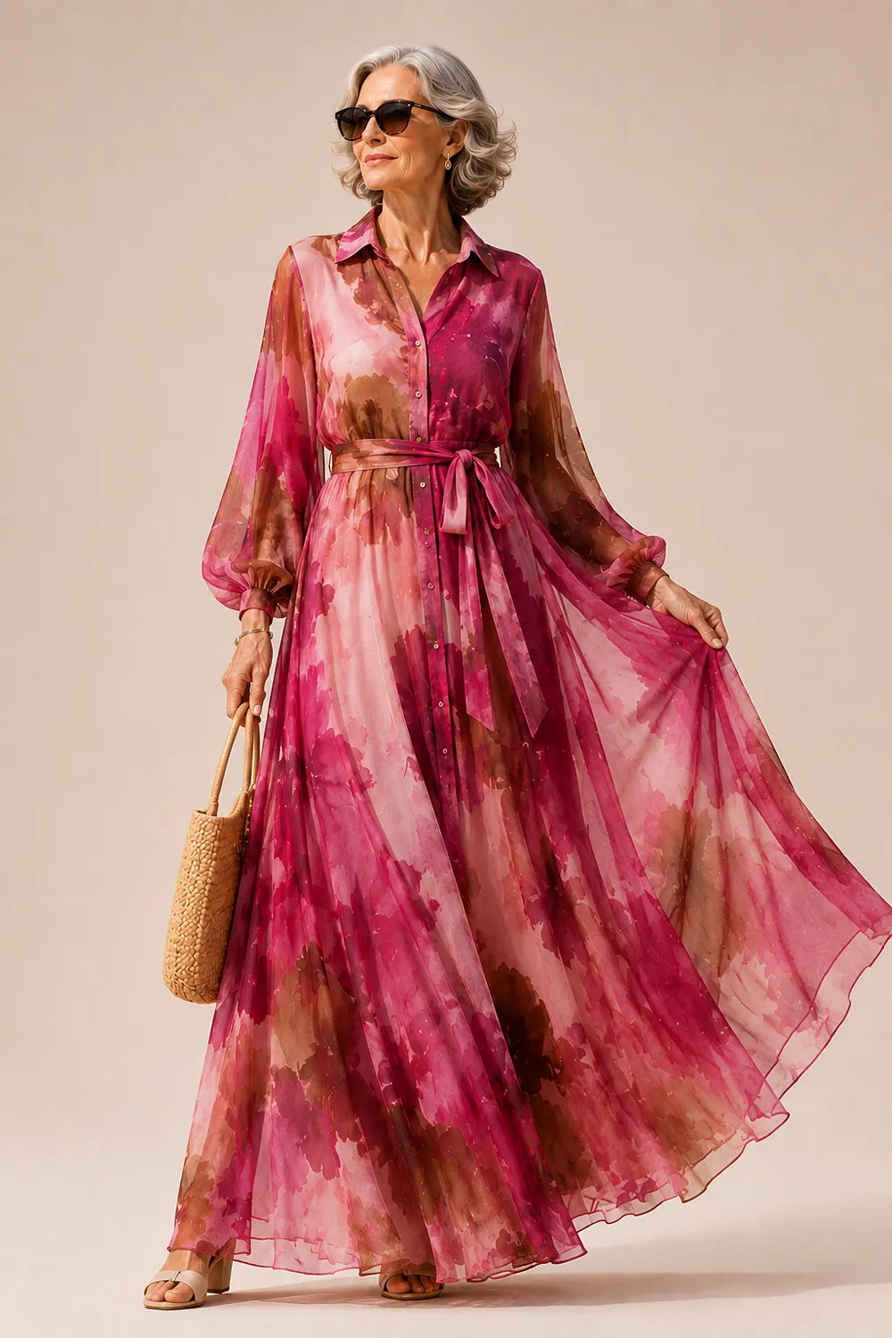 Belted Floral Maxi Shirt Dress