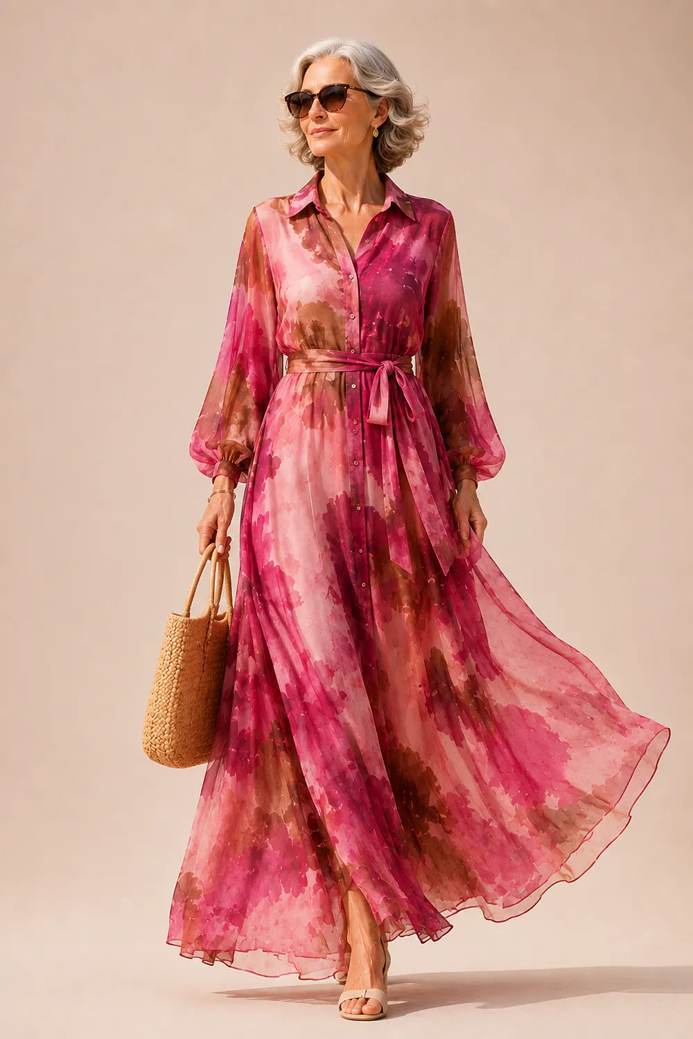 Belted Floral Maxi Shirt Dress