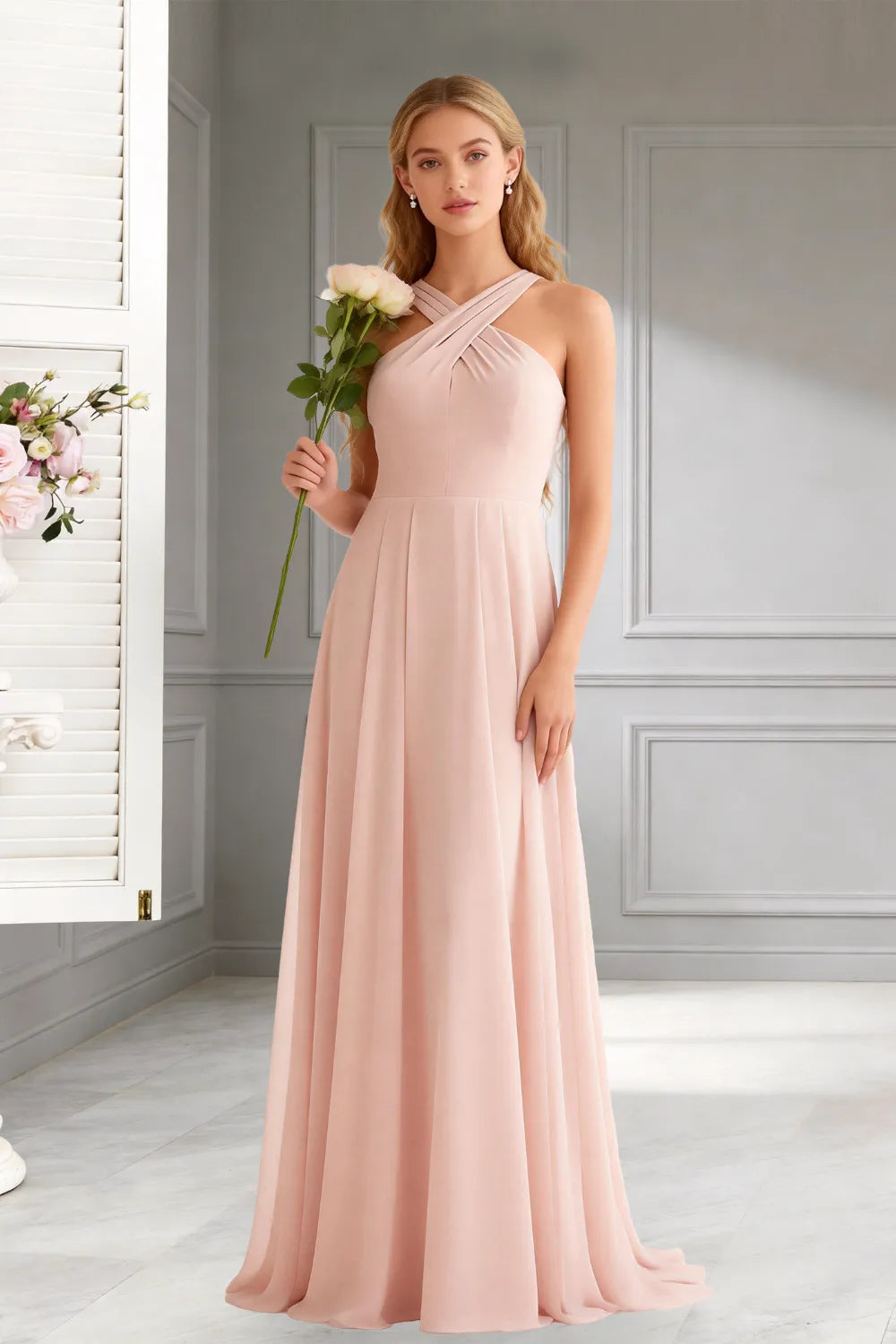 Amara Halter Neck Flowy Chiffon Formal Maxi Dress