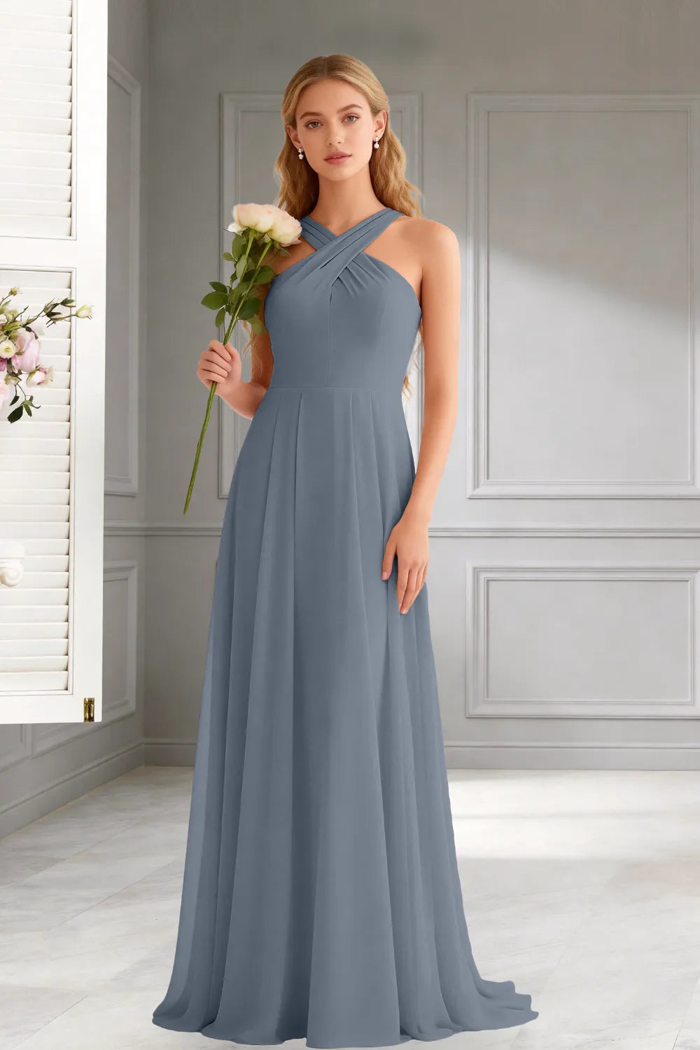 Amara Halter Neck Flowy Chiffon Formal Maxi Dress