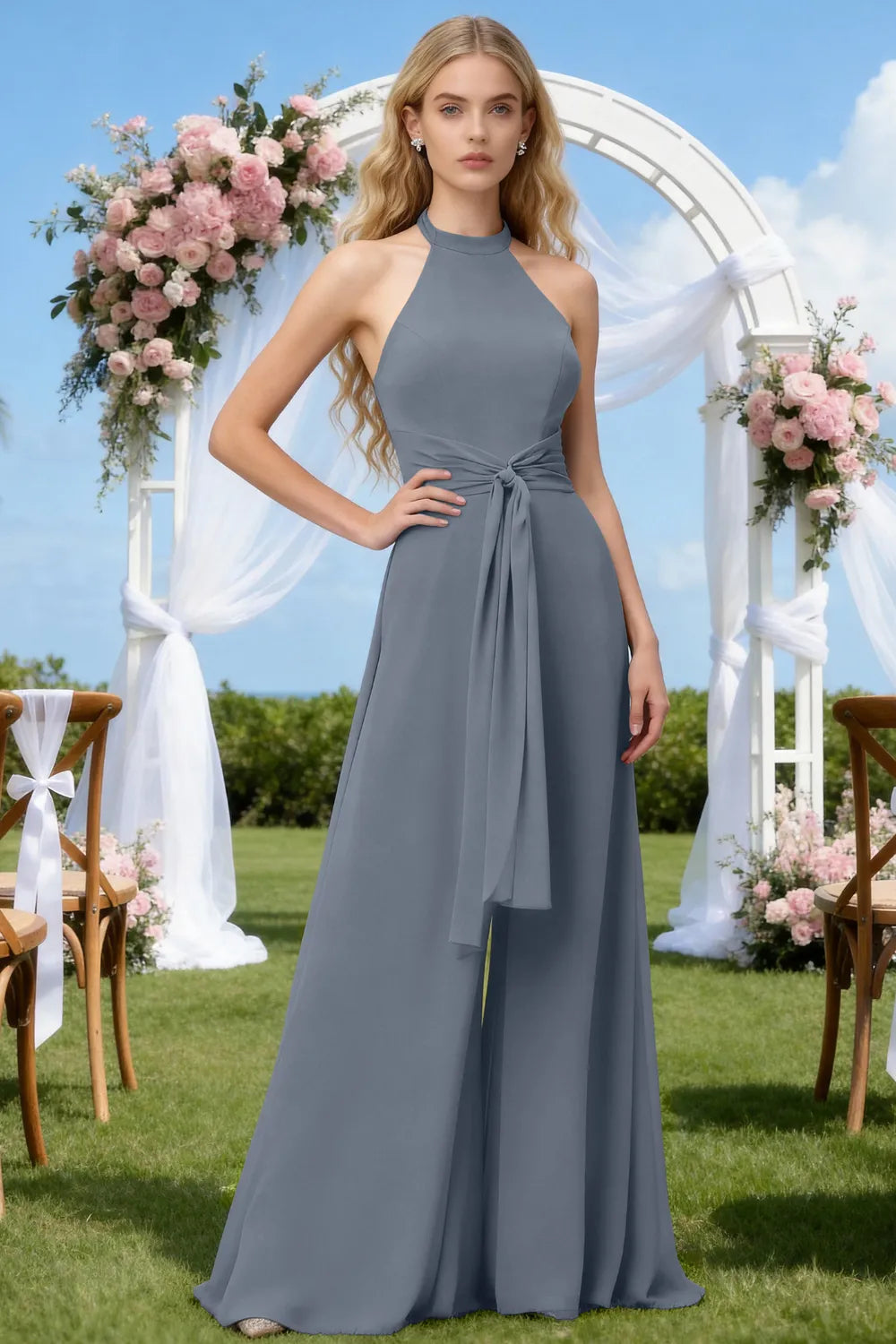 Chiffon Halter Wide-Leg Bridesmaid Jumpsuit