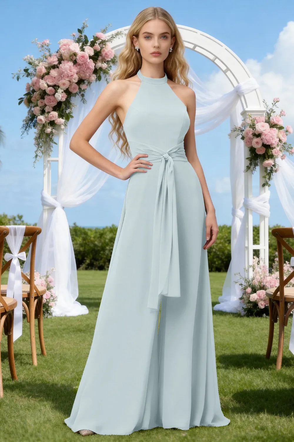 Chiffon Halter Wide-Leg Bridesmaid Jumpsuit