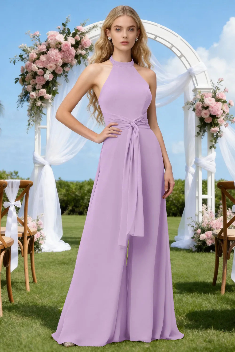 Chiffon Halter Wide-Leg Bridesmaid Jumpsuit