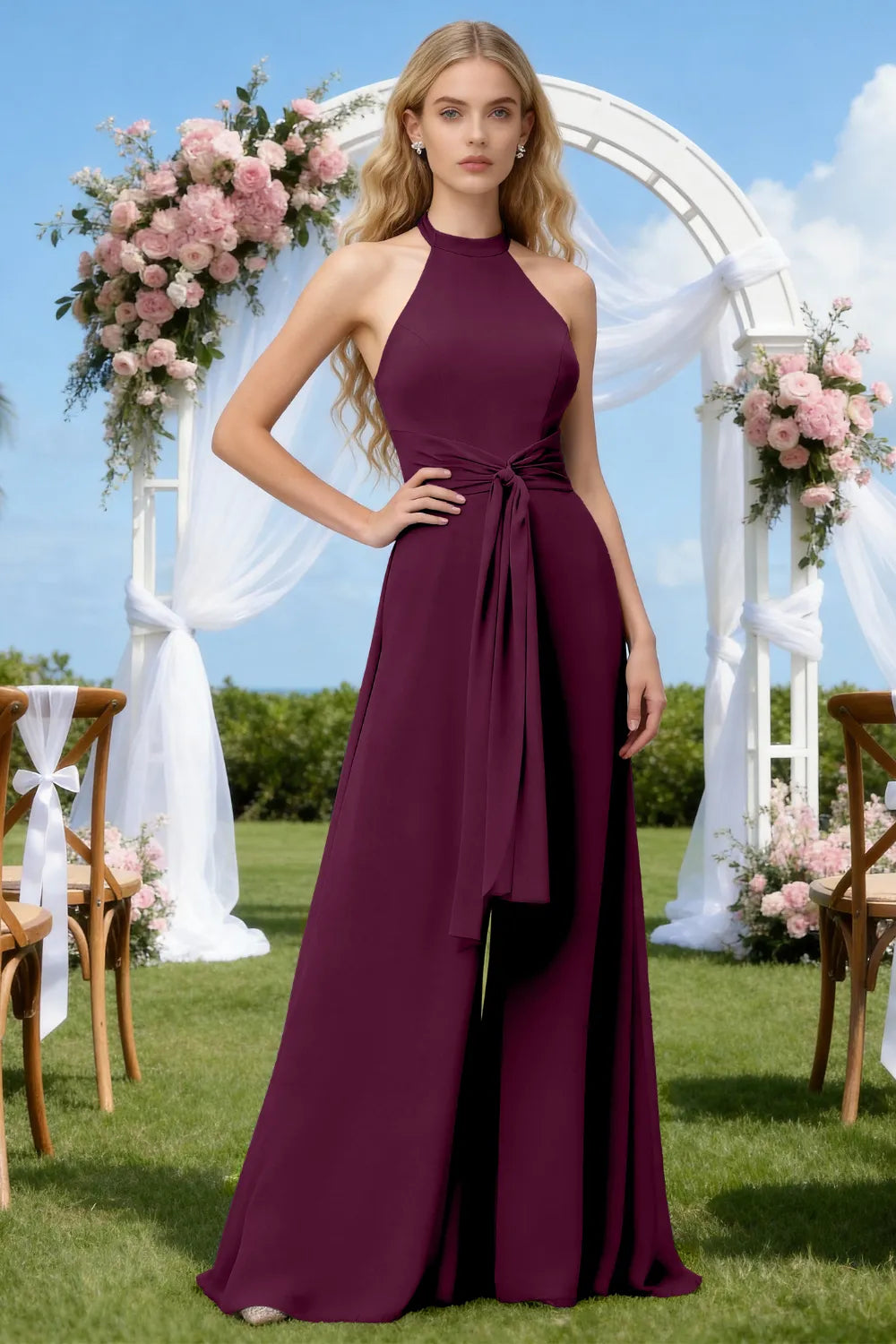 Chiffon Halter Wide-Leg Bridesmaid Jumpsuit