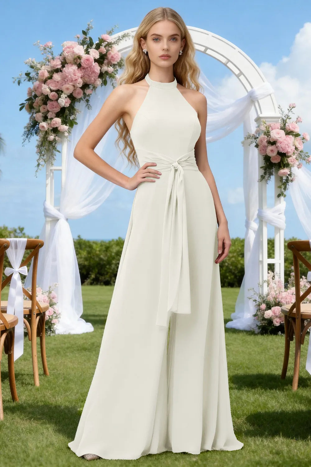 Chiffon Halter Wide-Leg Bridesmaid Jumpsuit
