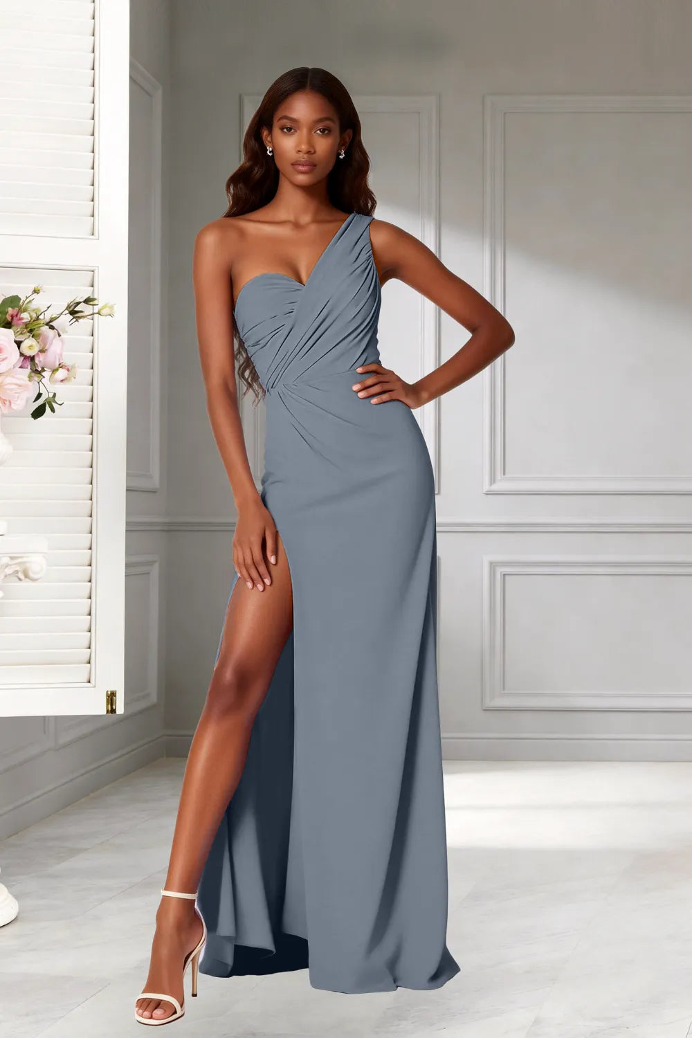 Goddess One‑Shoulder High Slit Bridesmaid Dress
