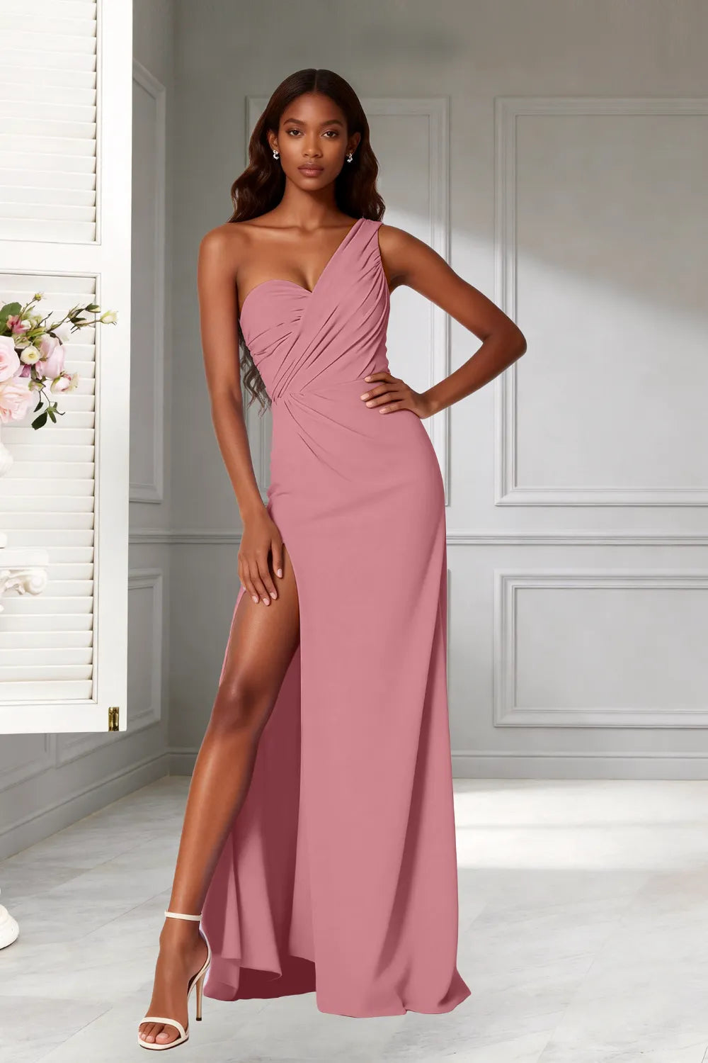 Goddess One‑Shoulder High Slit Bridesmaid Dress