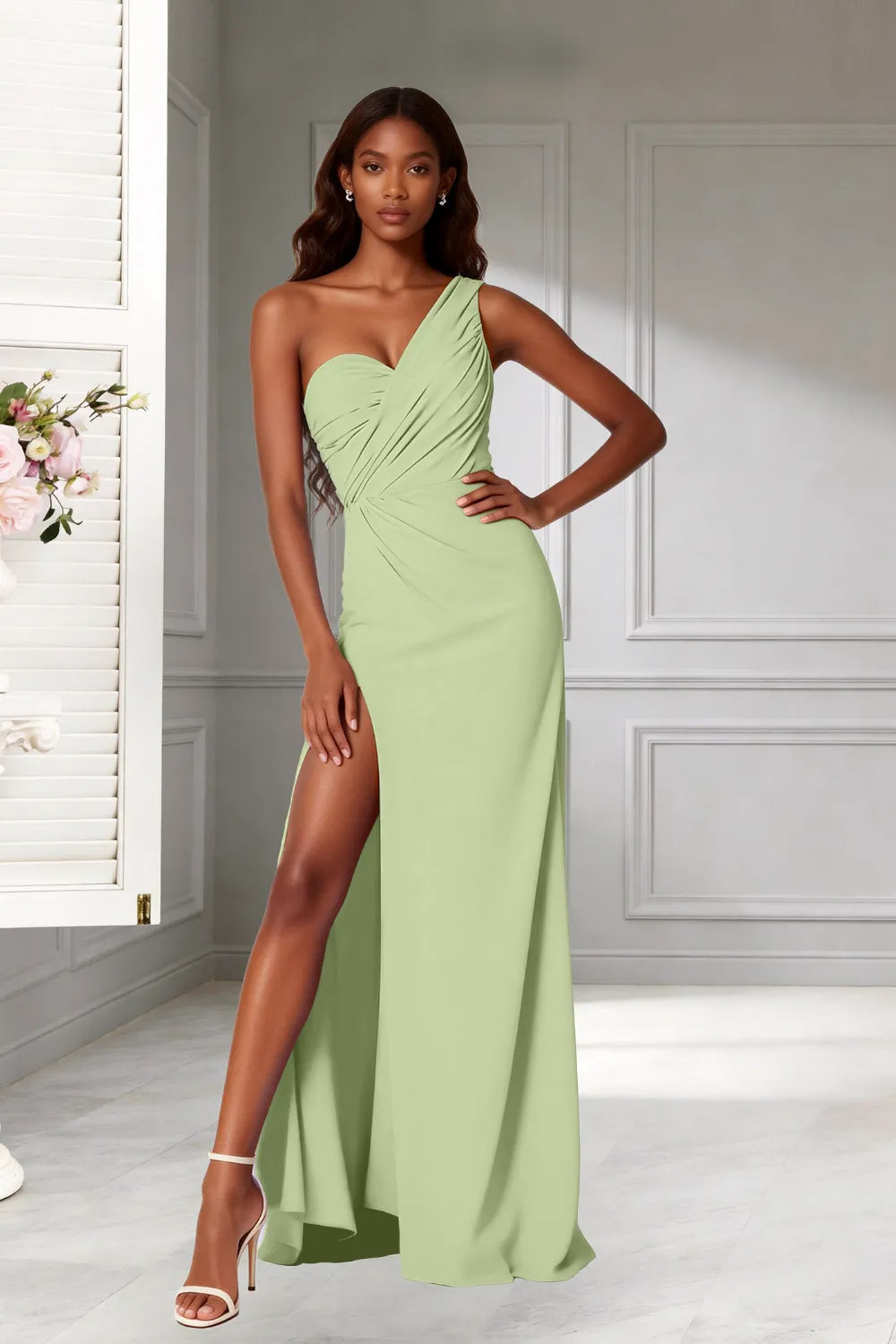 Goddess One‑Shoulder High Slit Bridesmaid Dress