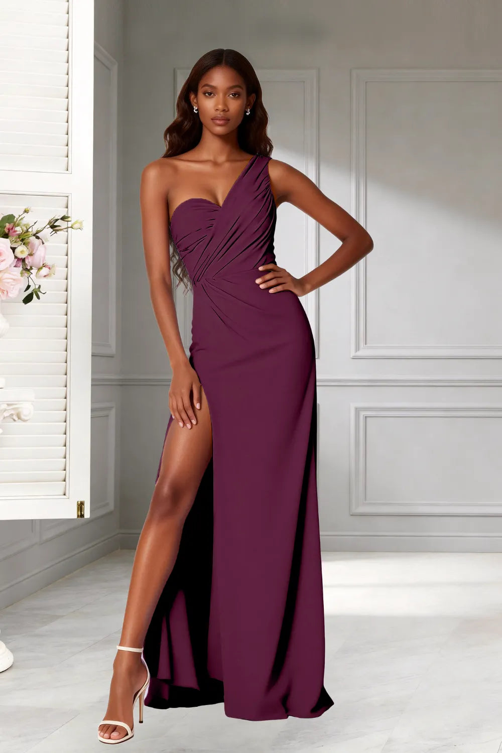 Goddess One‑Shoulder High Slit Bridesmaid Dress