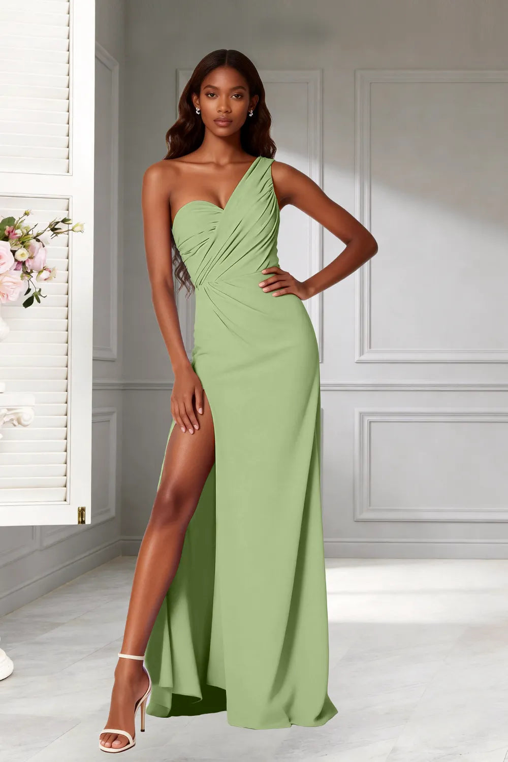 Goddess One‑Shoulder High Slit Bridesmaid Dress