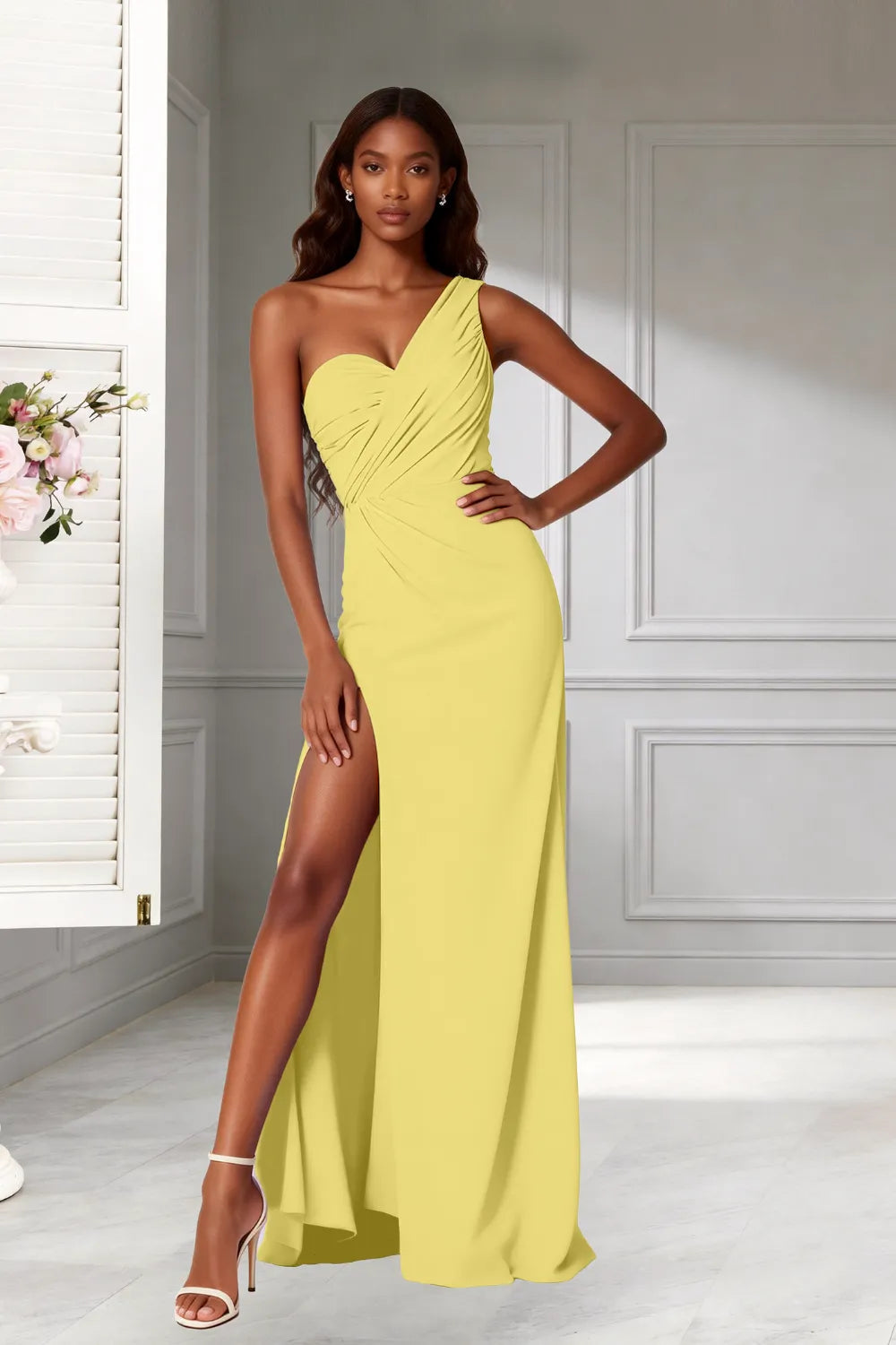 Goddess One‑Shoulder High Slit Bridesmaid Dress