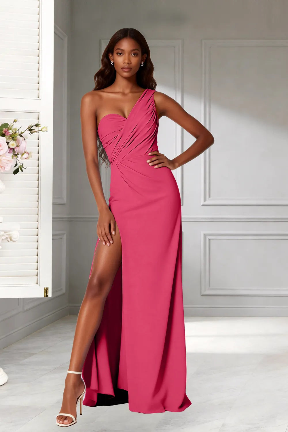 Goddess One‑Shoulder High Slit Bridesmaid Dress