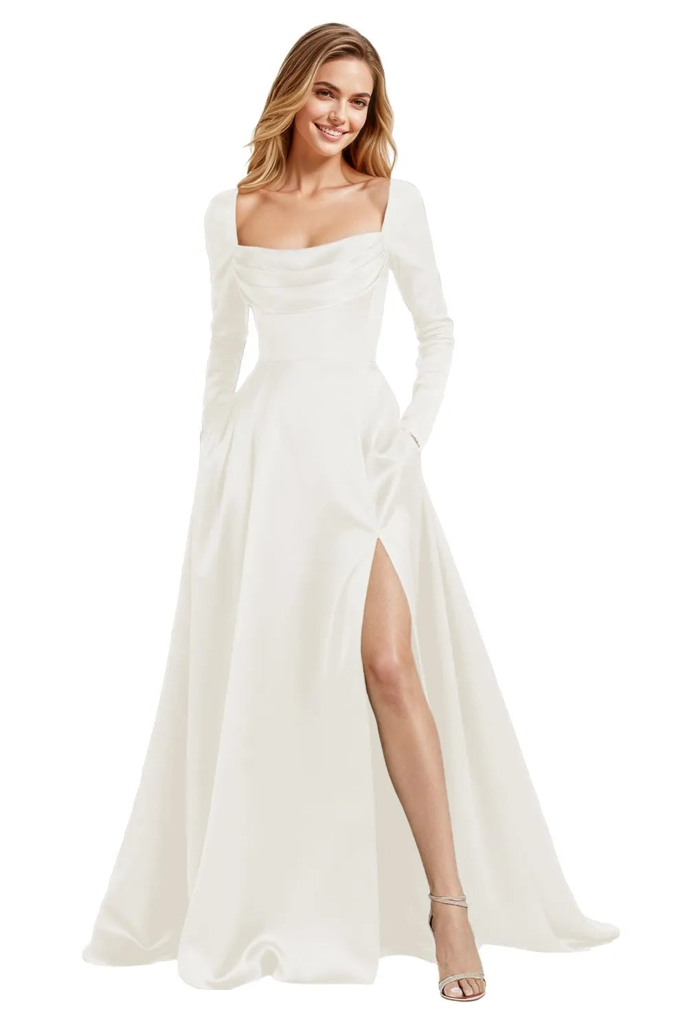 Elegant Floor Length Satin Gown with Lace Up Back