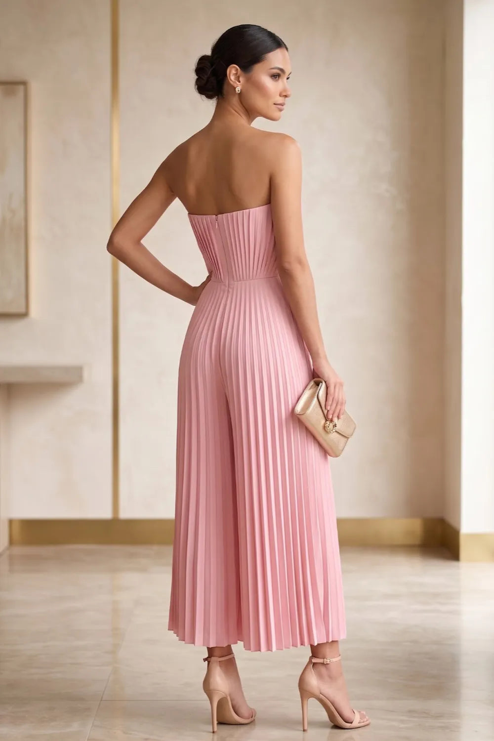 Strapless Pleated Wide-Leg Jumpsuit