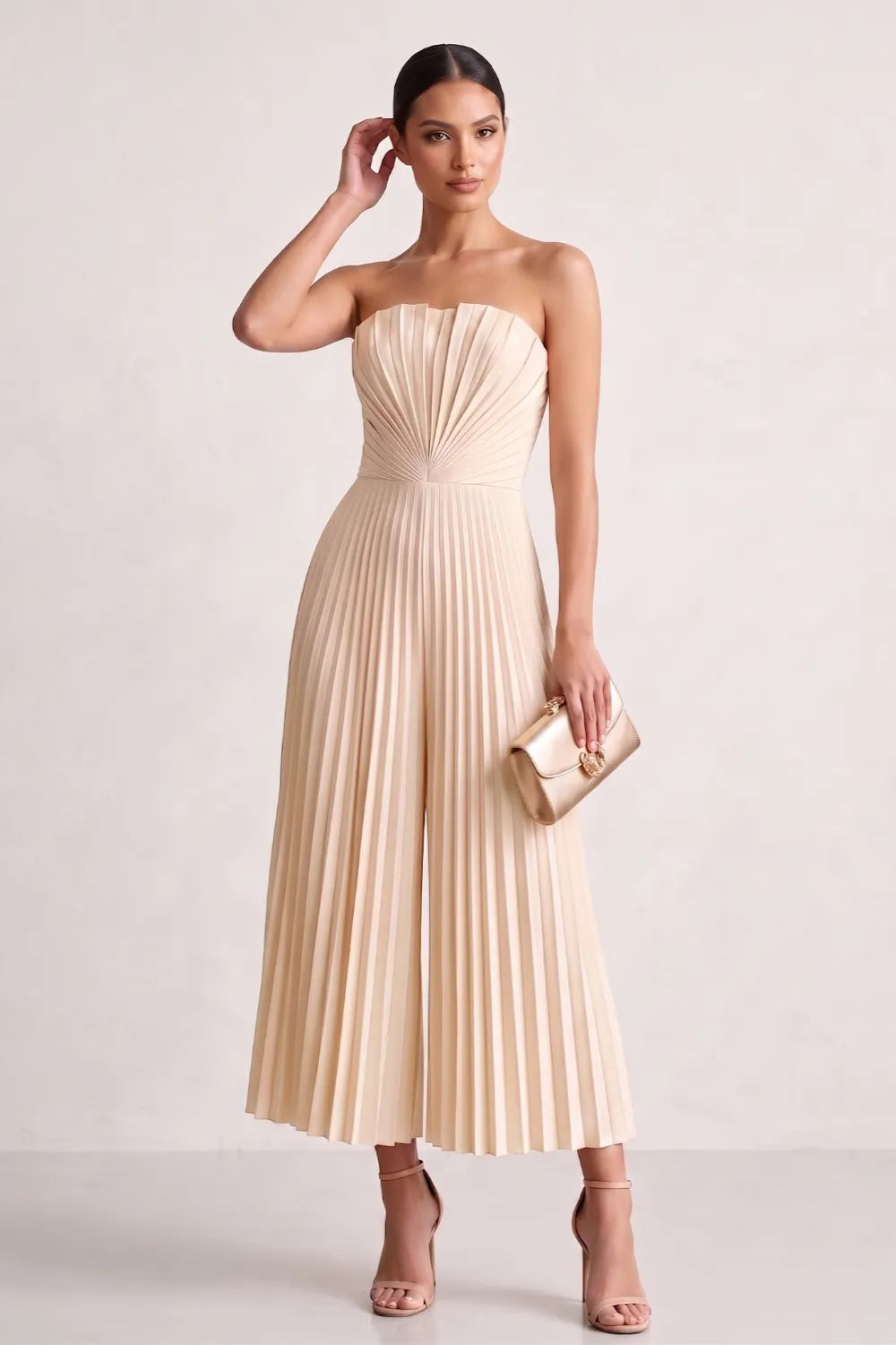 Strapless Pleated Wide-Leg Jumpsuit