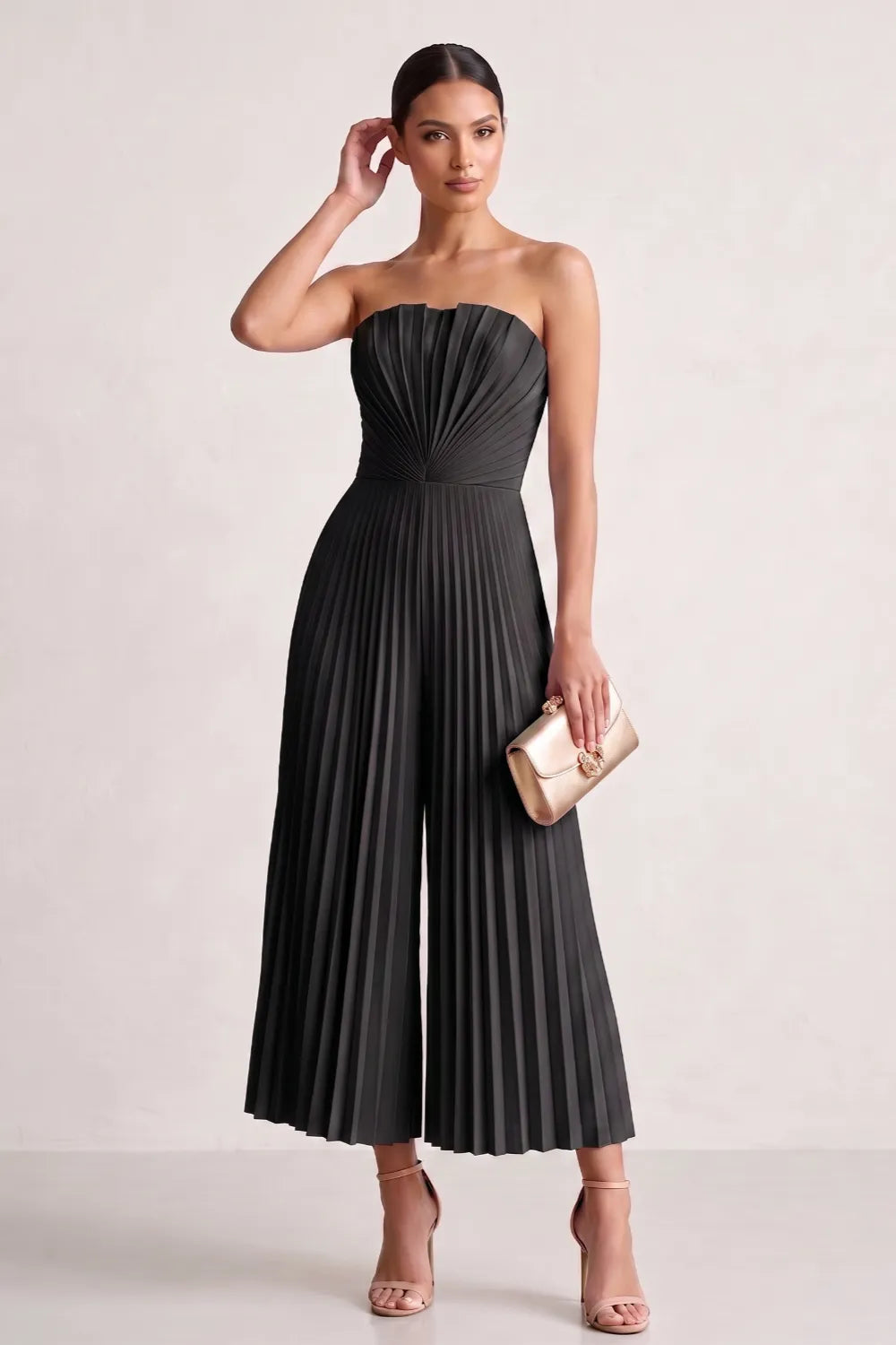 Strapless Pleated Wide-Leg Jumpsuit