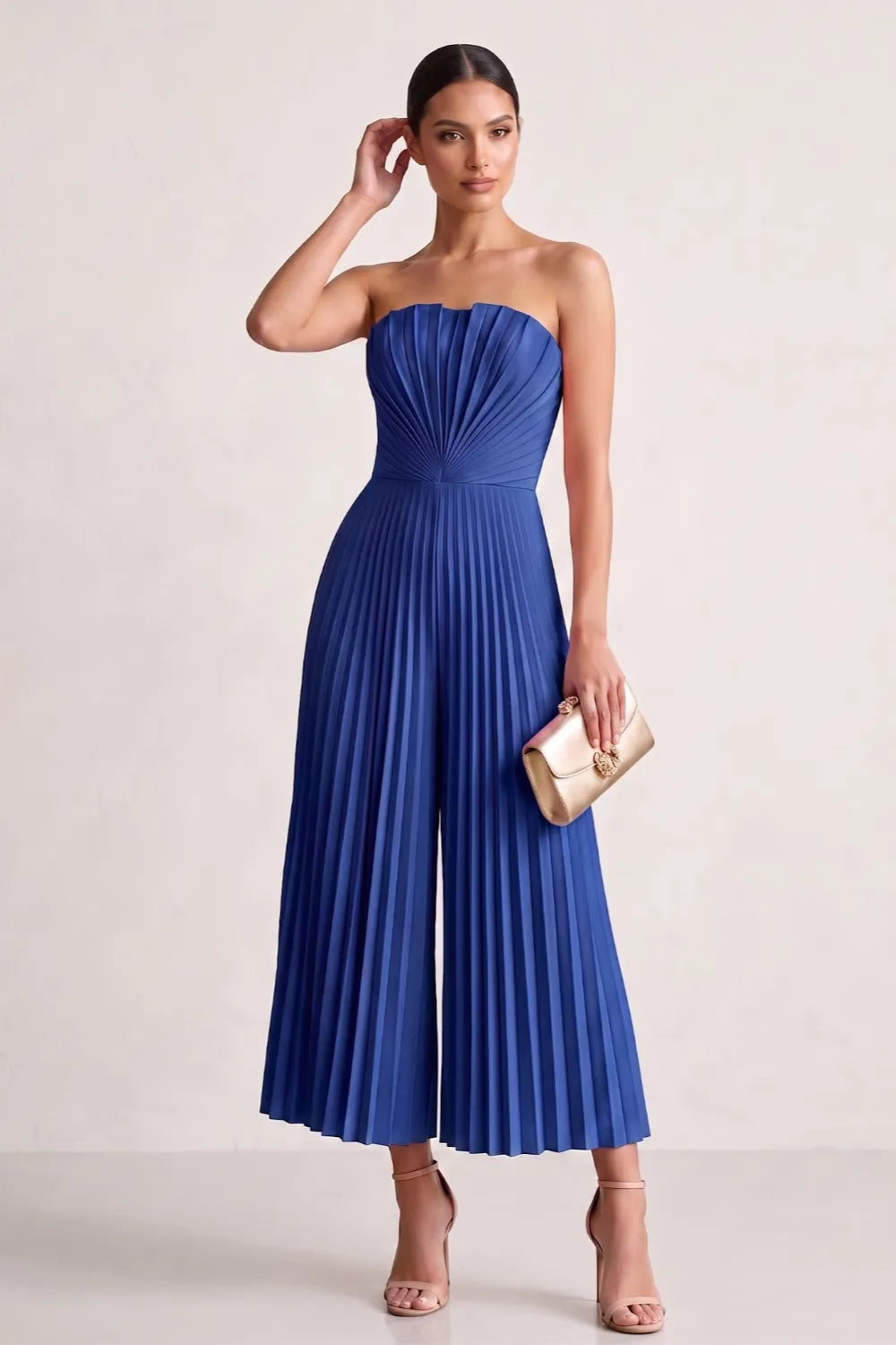 Strapless Pleated Wide-Leg Jumpsuit