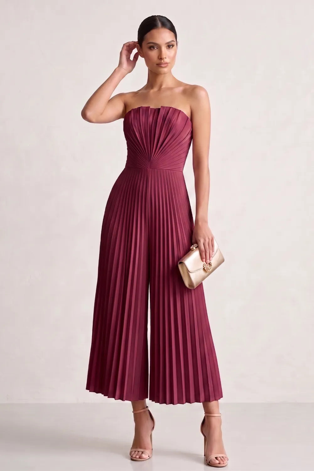 Strapless Pleated Wide-Leg Jumpsuit