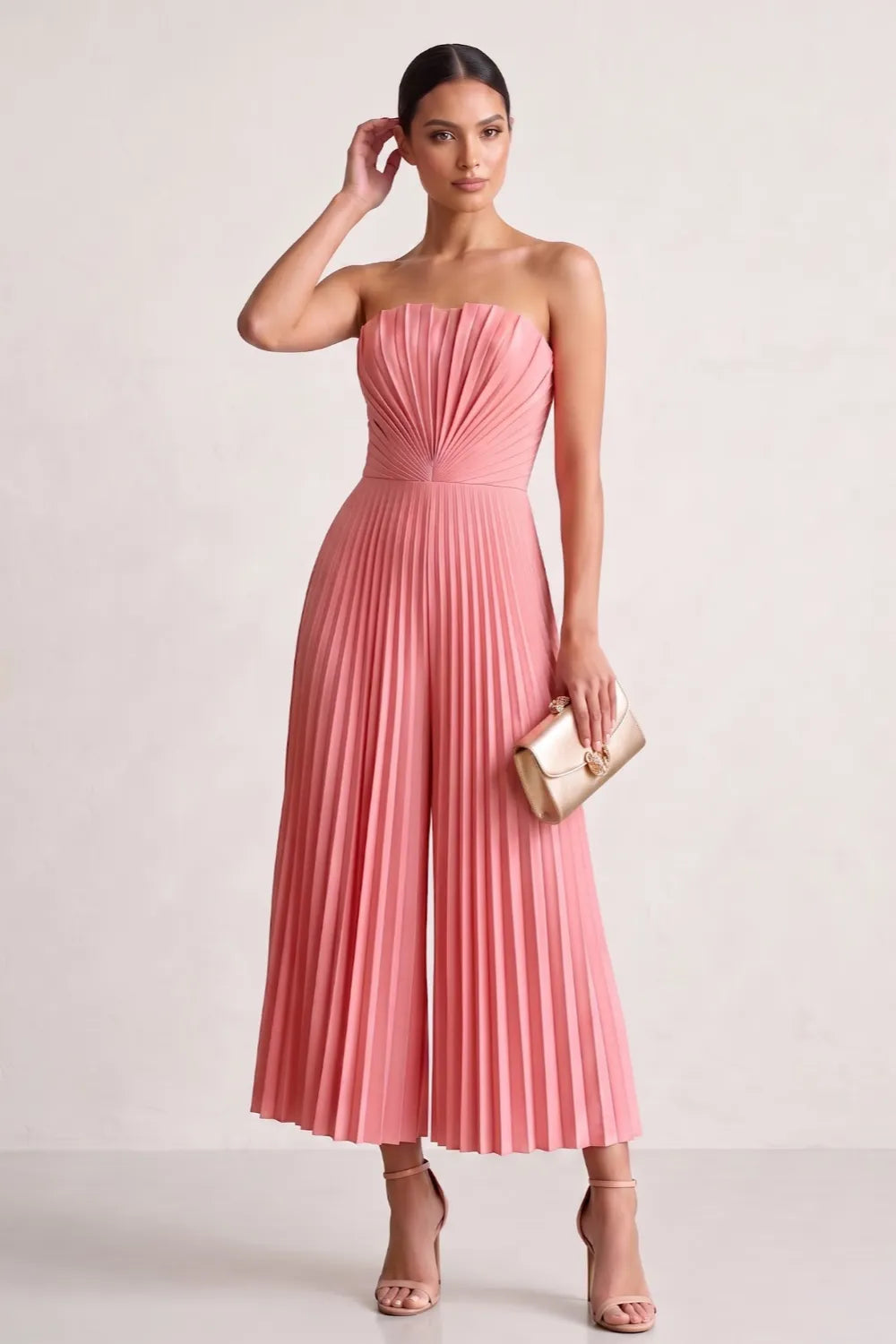 Strapless Pleated Wide-Leg Jumpsuit