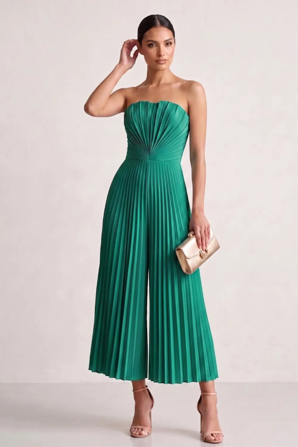Strapless Pleated Wide-Leg Jumpsuit