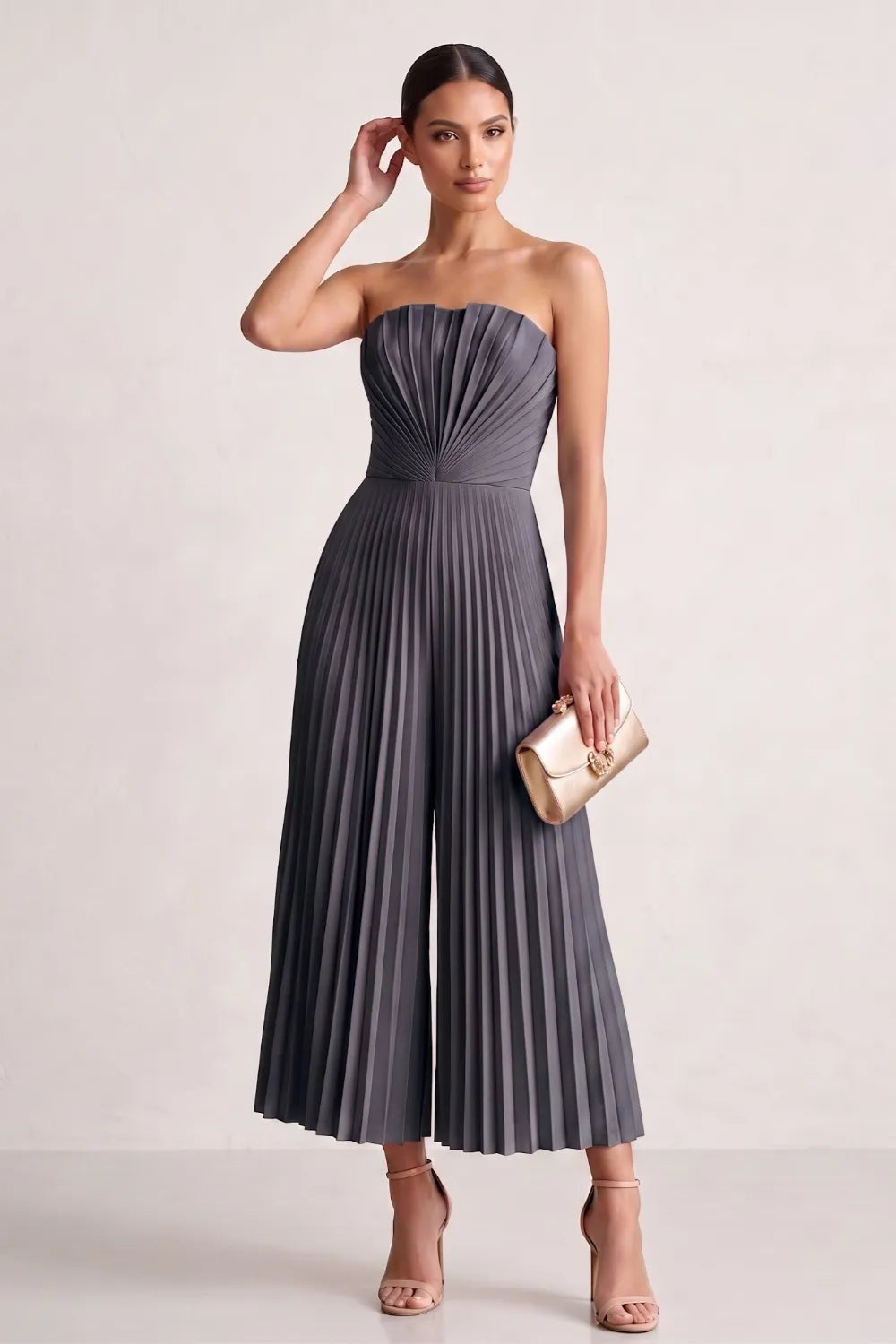 Strapless Pleated Wide-Leg Jumpsuit
