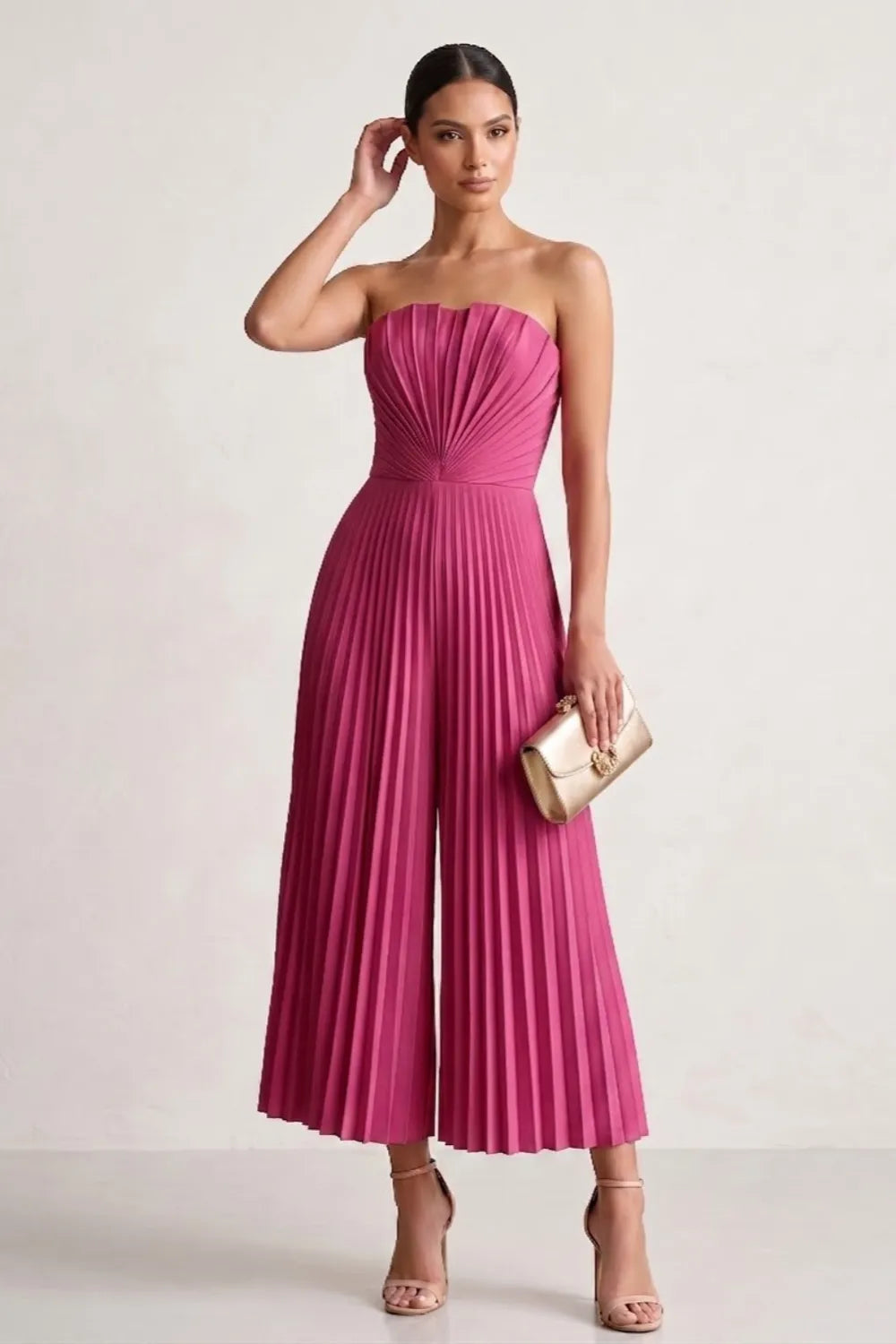 Strapless Pleated Wide-Leg Jumpsuit