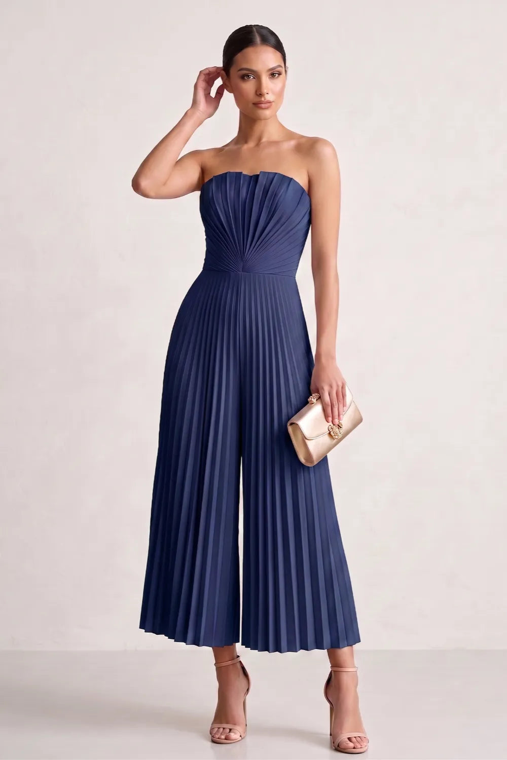 Strapless Pleated Wide-Leg Jumpsuit