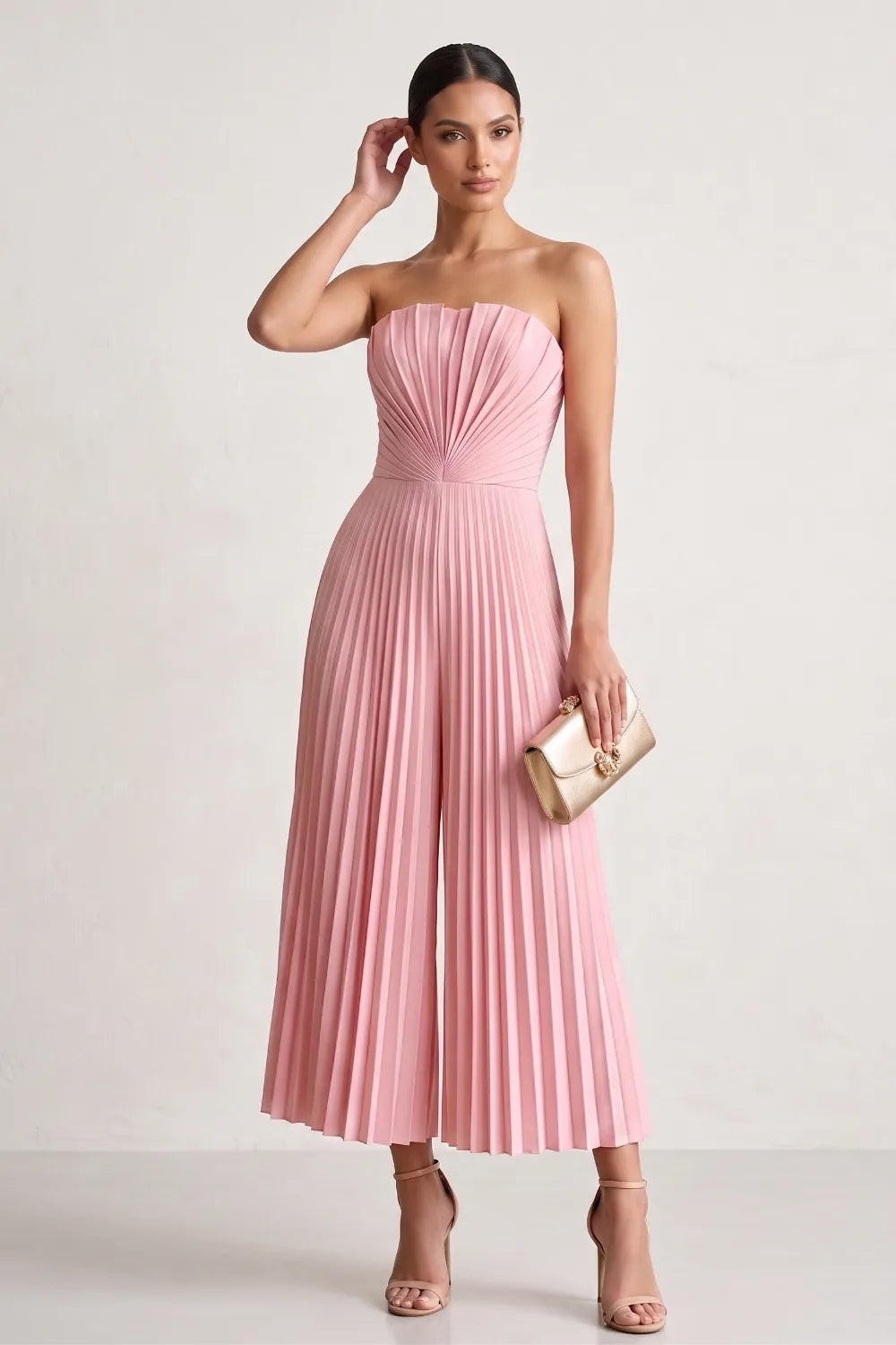 Strapless Pleated Wide-Leg Jumpsuit
