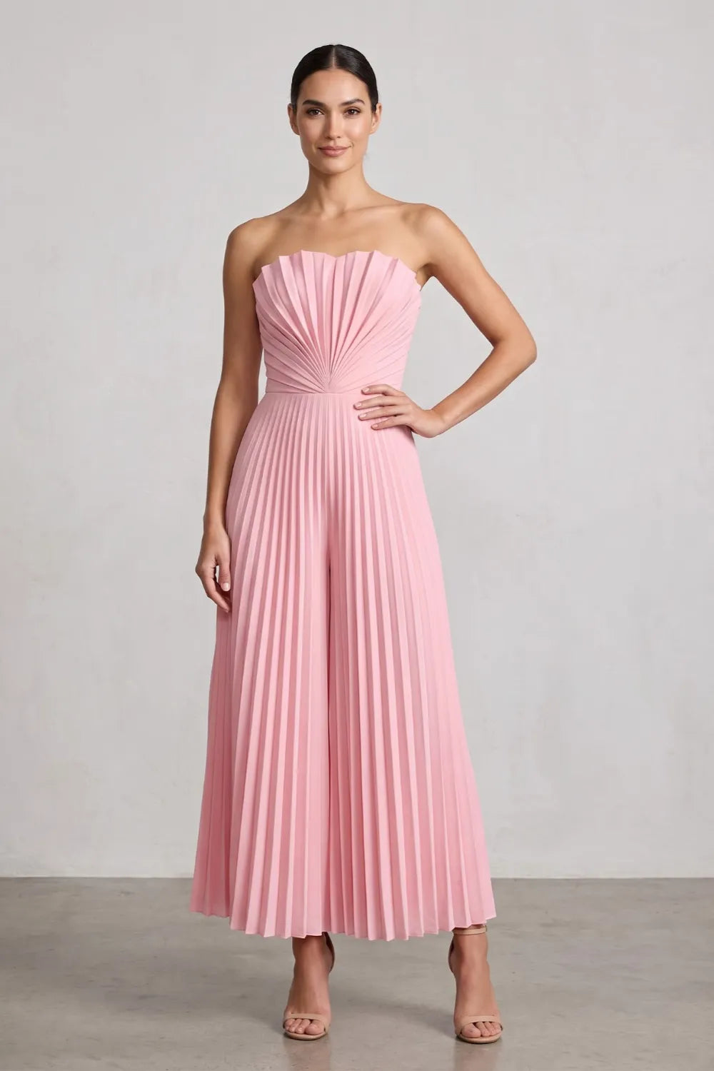 Strapless Pleated Wide-Leg Jumpsuit