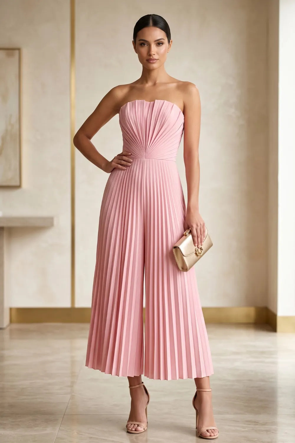 Strapless Pleated Wide-Leg Jumpsuit