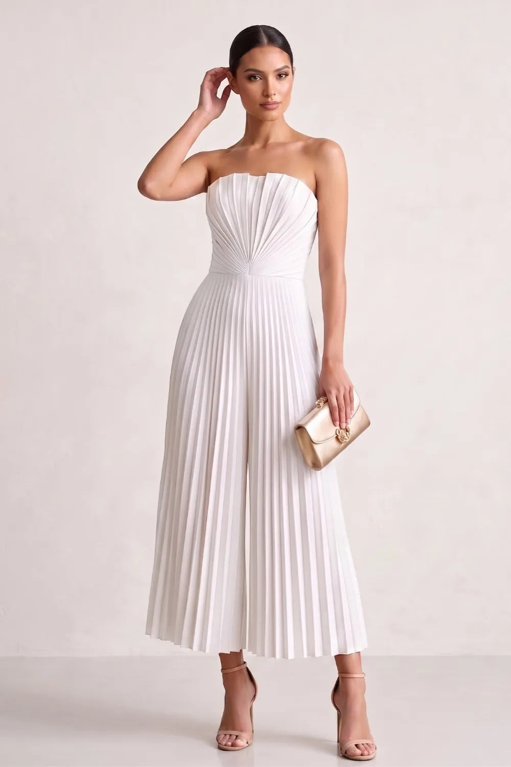 Strapless Pleated Wide-Leg Jumpsuit