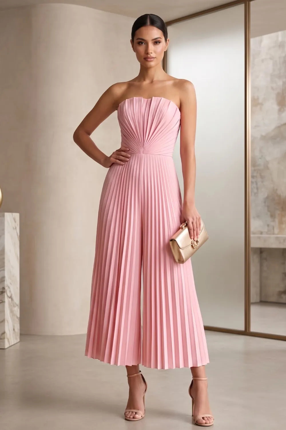 Strapless Pleated Wide-Leg Jumpsuit