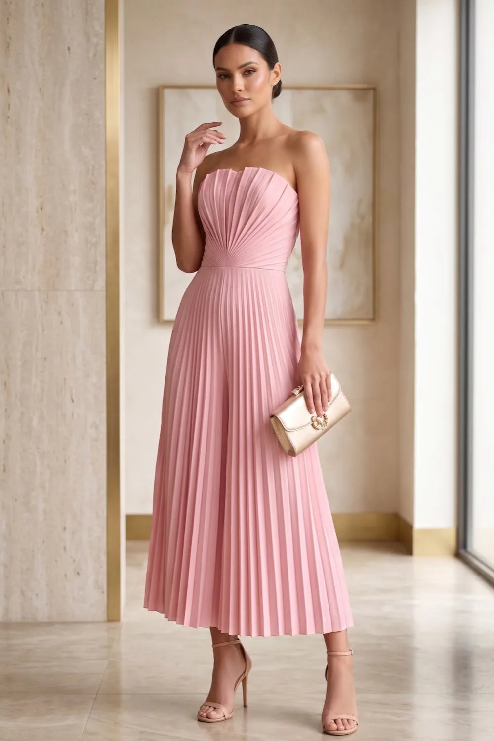 Strapless Pleated Wide-Leg Jumpsuit