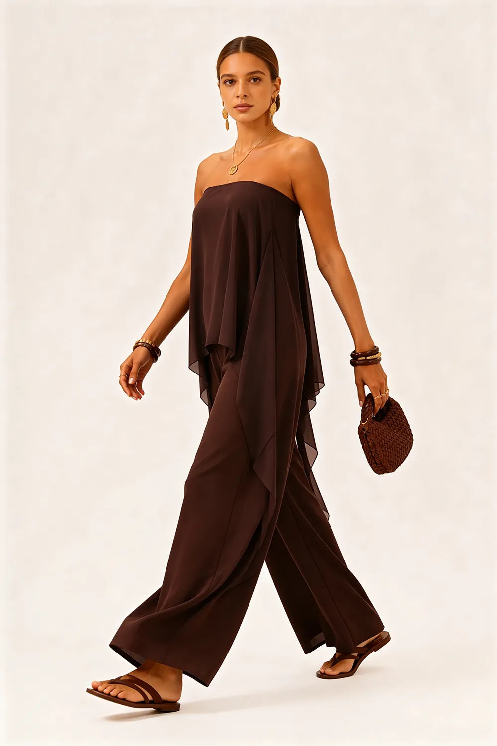 Strapless Chiffon Overlay Pant Suit