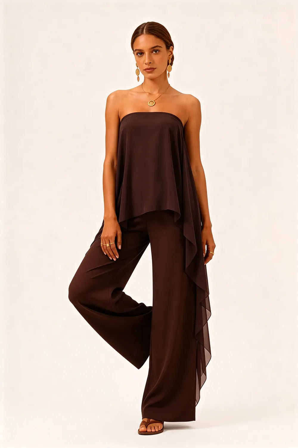 Strapless Chiffon Overlay Pant Suit