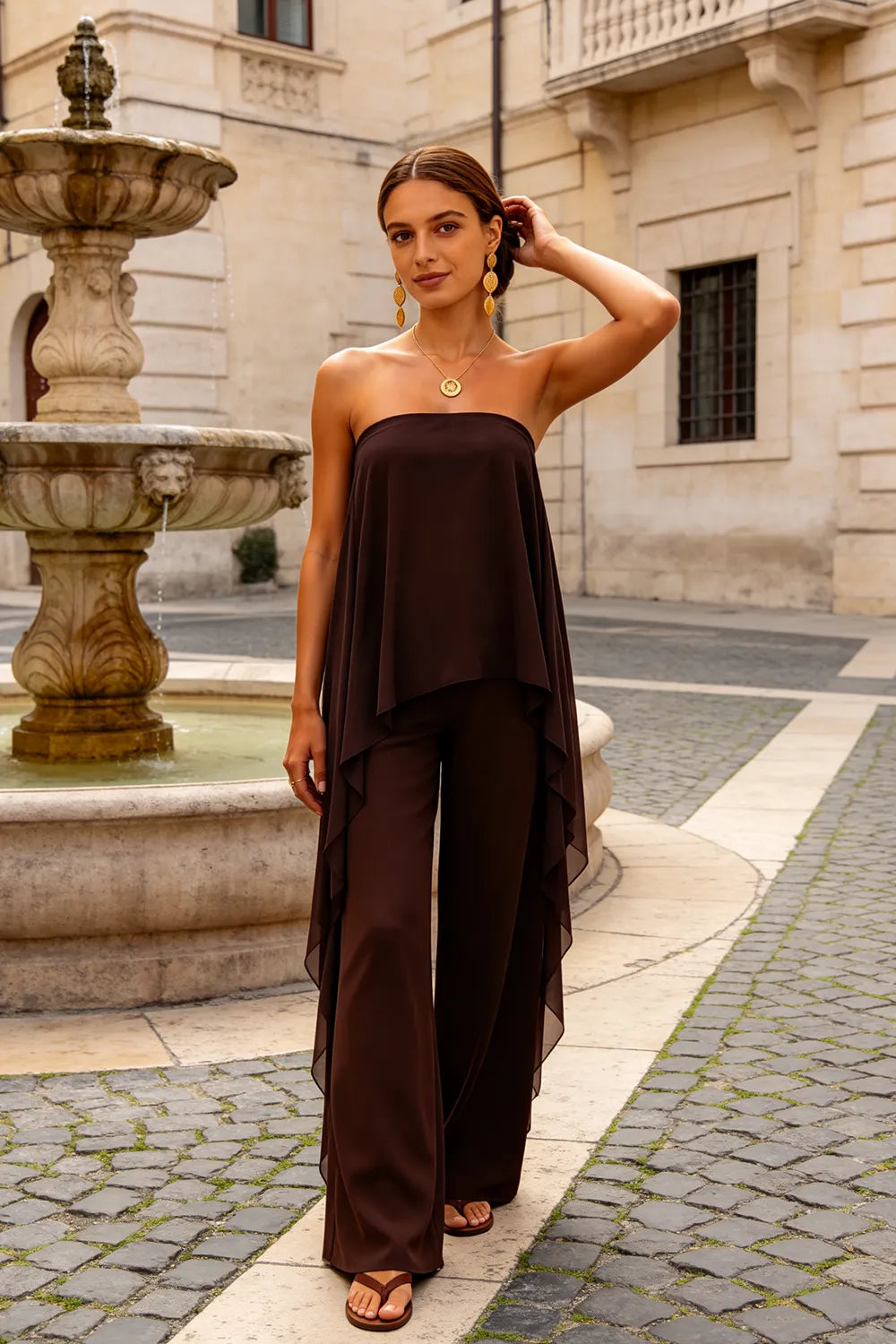 Strapless Chiffon Overlay Pant Suit