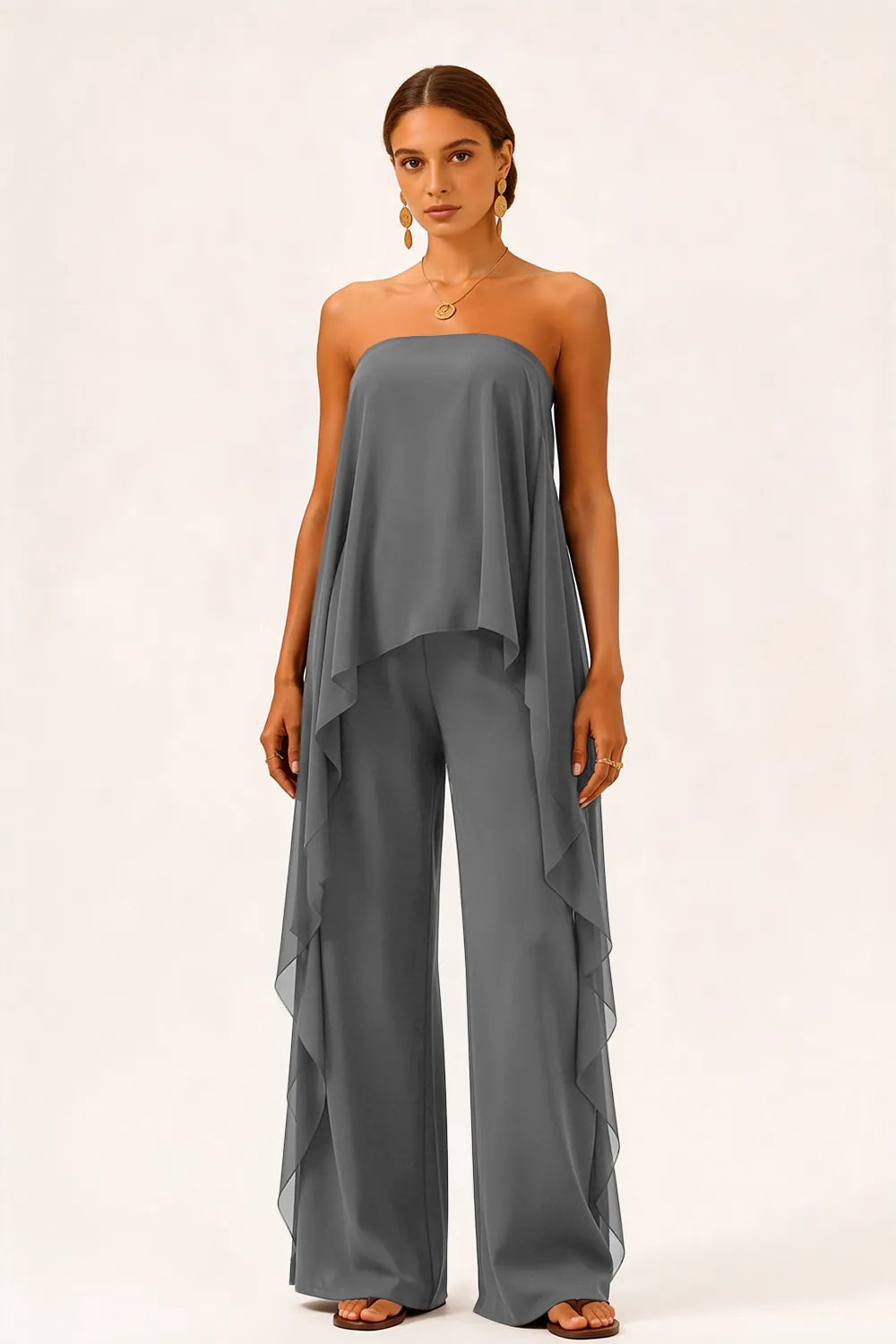 Strapless Chiffon Overlay Pant Suit