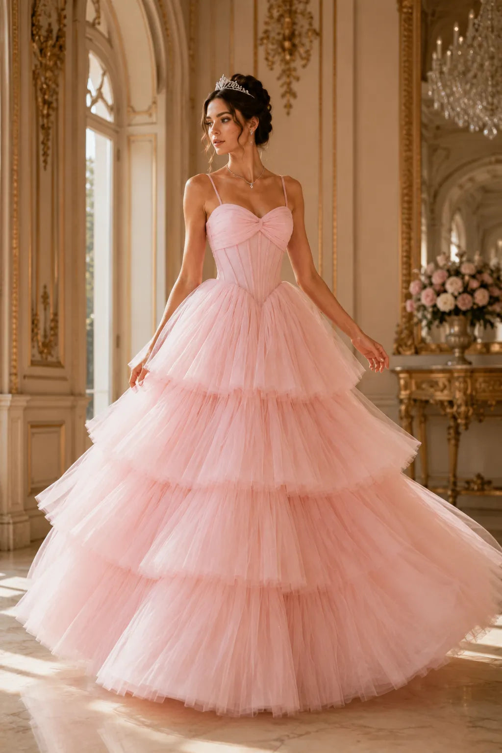 Princess Tiered Tulle Evening Ball Gown Dress