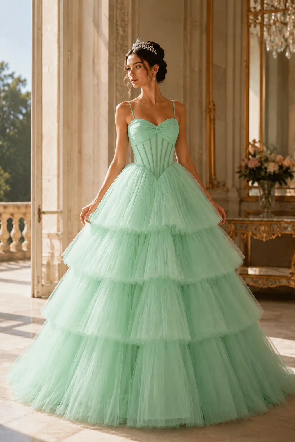 Princess Tiered Tulle Evening Ball Gown Dress