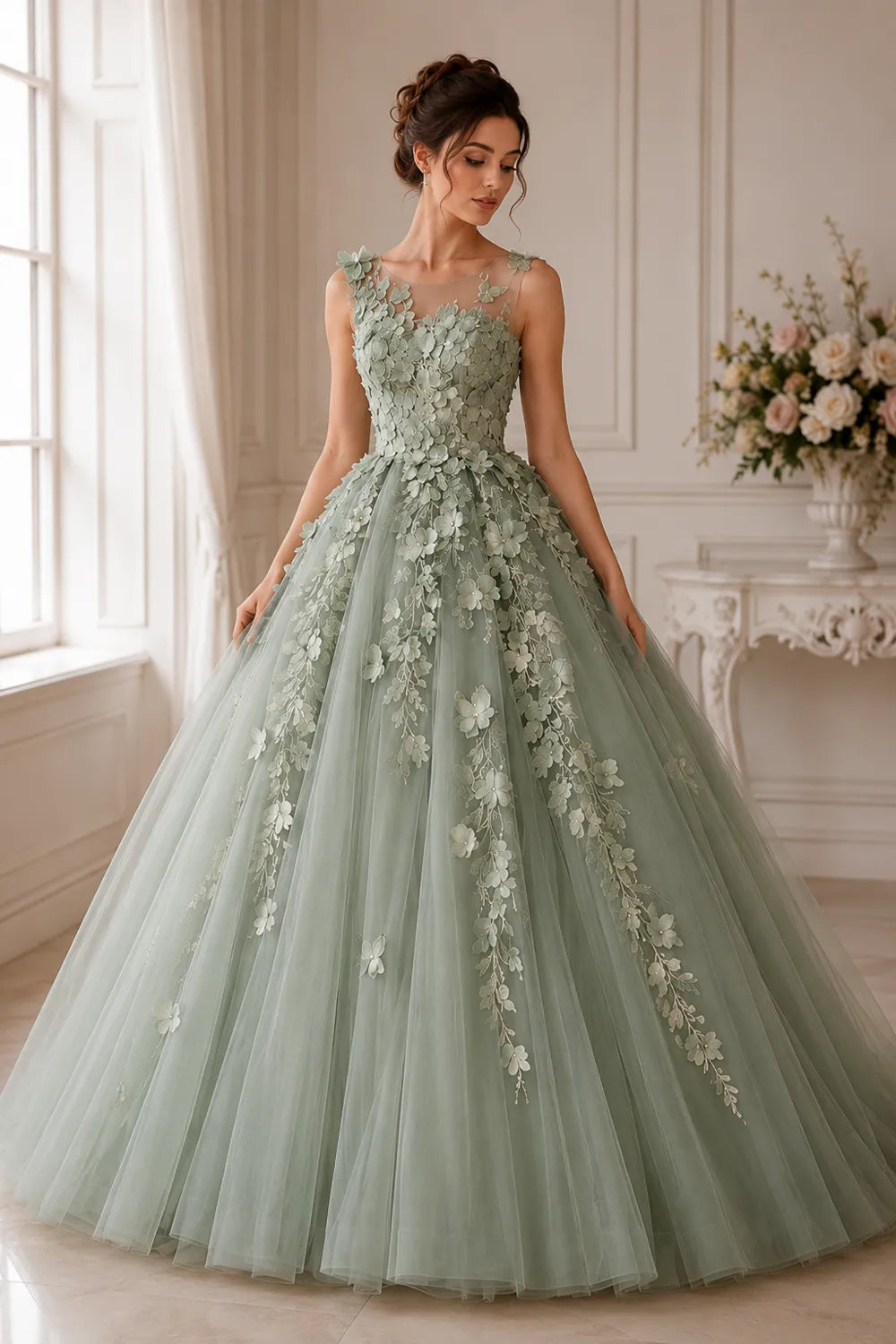 Romantic Flower Applique Evening Gown